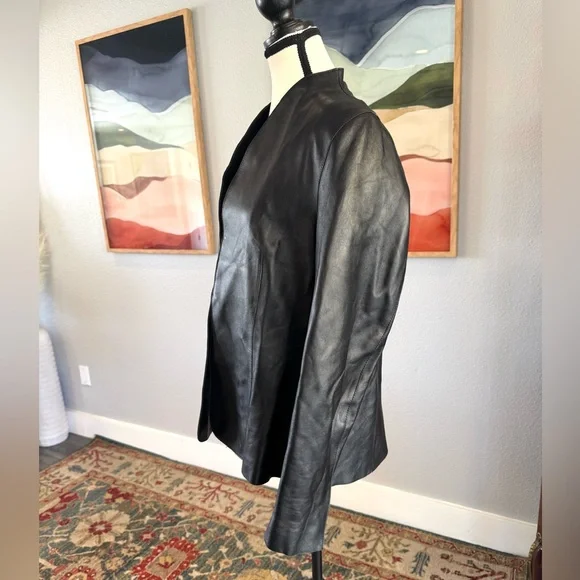 Pamela Dennis Black Leather Collarless Jacket - Picture 2 of 9